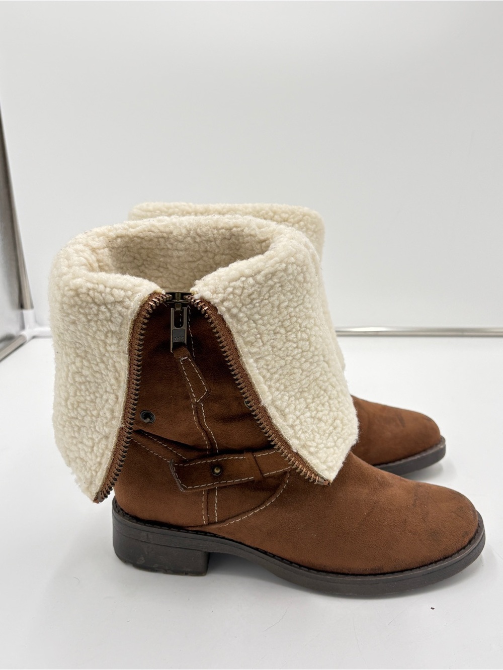 Vintage Y2K Lower East Side Fold Over Mid Calf Brown Faux Suede Boots Size 6.5